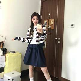 韩系超好看条纹针织开衫上衣女秋季宽松软糯温柔撞色薄款毛衣外套