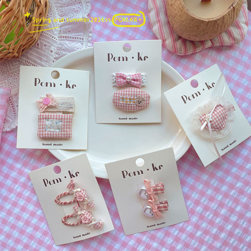 Pom.Kr Spring New Pink Plaid Bow Hair Clip Children's Fabric Side Fringe Bangs Clip Hair Accessory Pom.Kr Spring New Pink Plaid Bow Hair Clip Children's Fabric Side Fringe Bangs Clip Hair Accessory