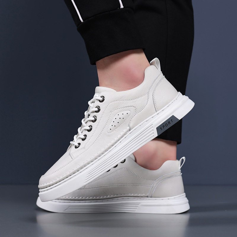 Giày da nam công sở cổ thấp đế mềm, giày sneaker da bò phối dây buộc, gót thấp 1–3 cm — GX2033 màu trắng, GX2033 màu xám