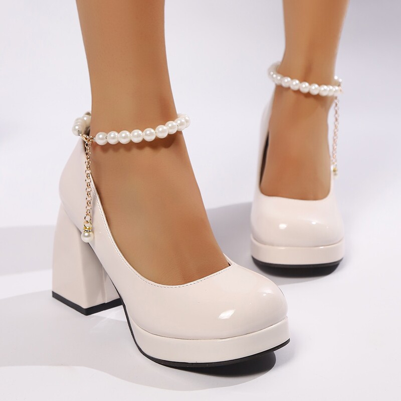 Waterproof Platform High-Heeled Shoes for Women 2025 New Summer and Autumn Shallow Round-Toe Shoes with Beaded Metal Chain Decoration in Multiple Colors