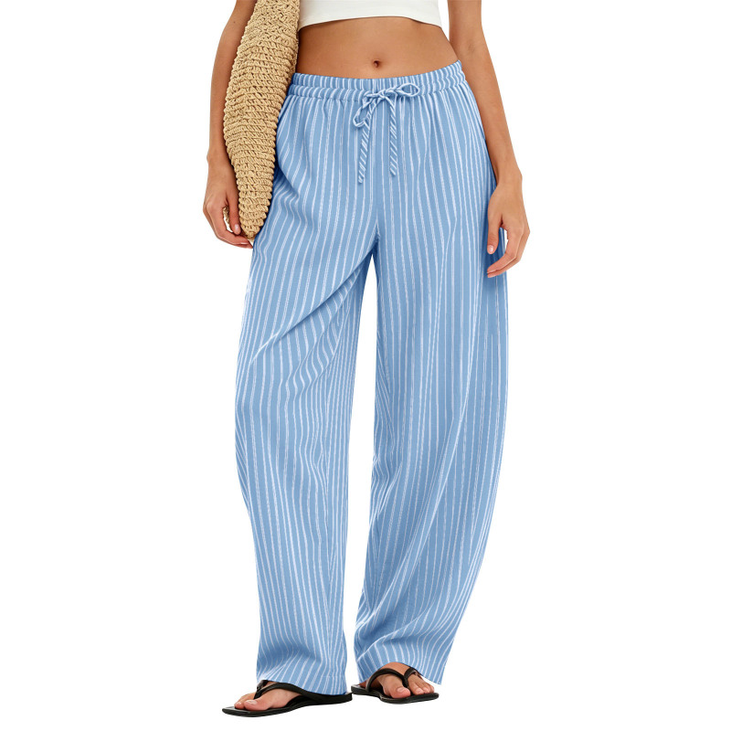 2026 European and American cross-border foreign trade Amazon striped pleated lace-up trousers with textured stripes and curved cut casual pants