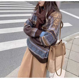 韩系氛围感~复古提花山羊绒毛衣女25秋冬新款宽松慵懒针织打底衫