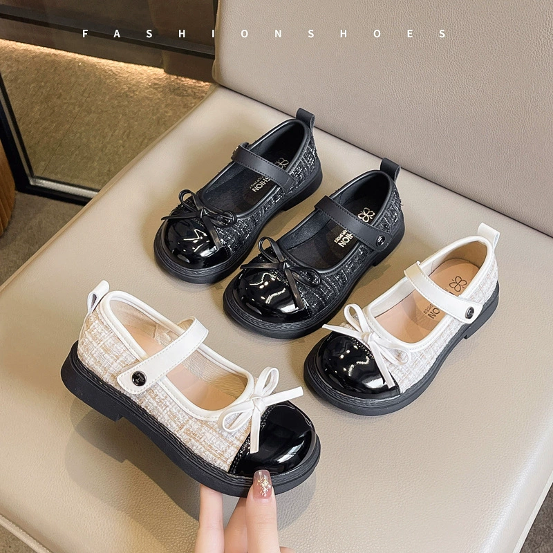 Кожаные туфли для девочек 2025 весна и осень новый детский маленький ароматный ветер мягкий подошв черные туфли для девочек