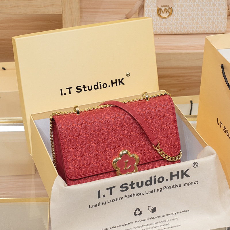 Túi đeo chéo da thật Hong Kong cao cấp kiểu dáng thanh lịch, màu đỏ dự tiệc — Màu đỏ, Màu xanh lục nhạt, Màu kaki