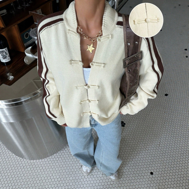 Women's button-up cardigan sweater, vintage color-blocking striped drop-shoulder long-sleeve short knit jacket, women's Christmas in-stock item Women's button-up cardigan sweater, vintage color-blocking striped drop-shoulder long-sleeve short knit jacket, women's Christmas in-stock item