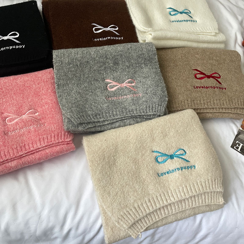 Original Design New Arrival Bow Embroidered Scarf Women's Autumn and Winter Student Cute Warm All-match High-grade Scarf
