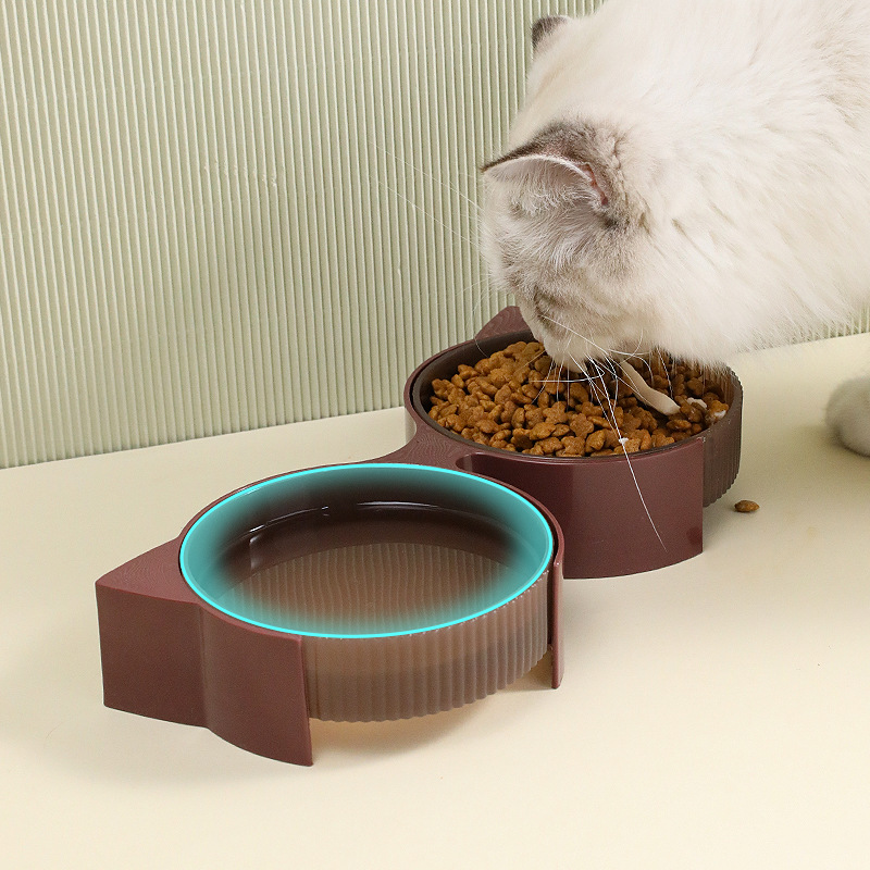 Tazón para gatos Tazón para mascotas Pipitao Gafas de orejas de gato originales Boca baja Tazón doble Beber agua Comer para evitar volcarse y fácil de limpiar
