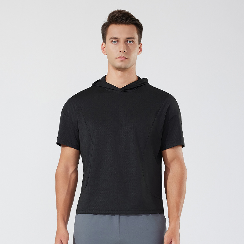 Verano nuevo estilo para hombres y mujeres con el mismo estilo de secado rápido casual de manga corta suelta blusa transfronteriza para correr al aire libre de manga corta con capucha de manga corta