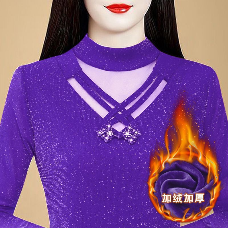 Elegant Mom's Women's Fleece-Lined Base Shirt, New Fashionable Versatile Long-Sleeve Mesh Lace Top for Autumn and Winter