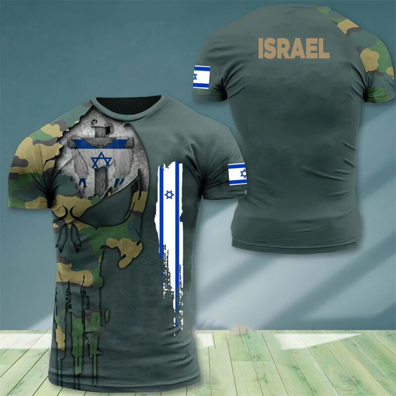 Cross-Border Israeli Men's T-Shirt 3D Printed Israeli Short-Sleeved Shirt Round Neck Oversized Retro Camouflage Men's Clothing