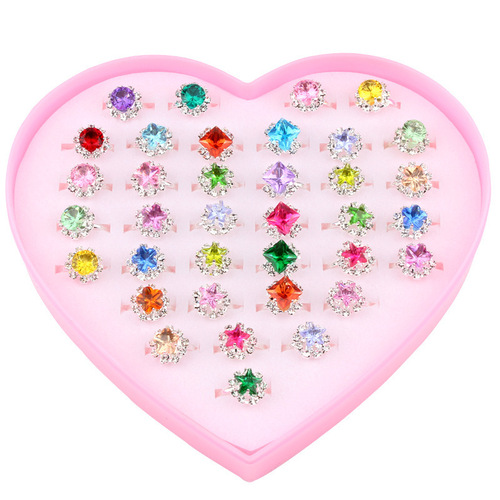 Children's Ring Box Set Student Love Box Set Water Diamond Girls Ring Adjustable 36 Pieces Princess Ring