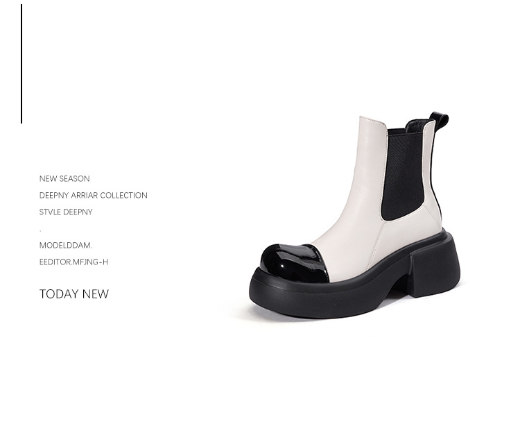 Giày boot Chelsea da thật cổ ngắn phối màu thu đông 2025, gót 6cm đế dày — đen, Màu trắng nhạt chi tiết 10