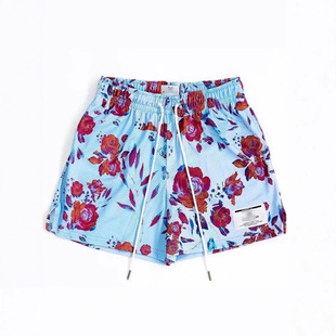 American Basketball Shorts Oil Painting Style Casual Mesh Shorts for Men and Women Summer Basketball Training Floral Loose Quarter Pants for Men