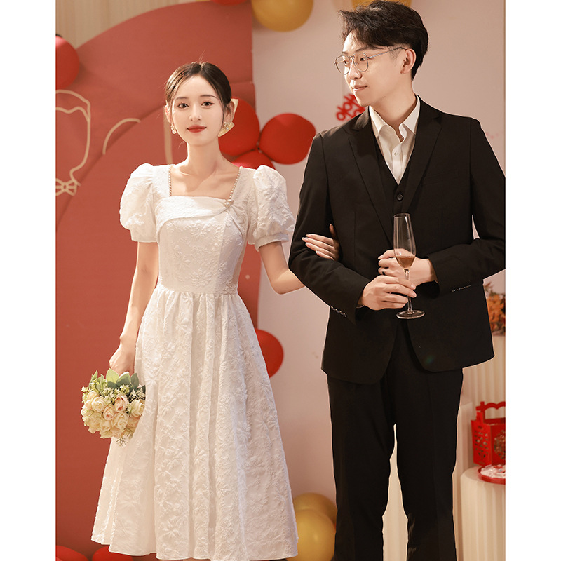 License Registration White French Evening Dress High-end Light Luxury Niche Engagement dress Women's Small People Can Wear at Ordinary