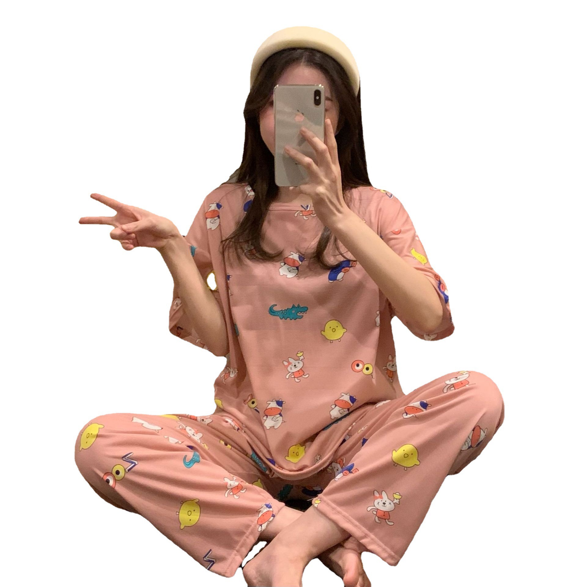 Pijamas pantalones de manga corta traje de dos piezas estudiante estilo coreano dibujos animados mujeres jóvenes delgadas primavera y otoño verano nueva ropa para el hogar