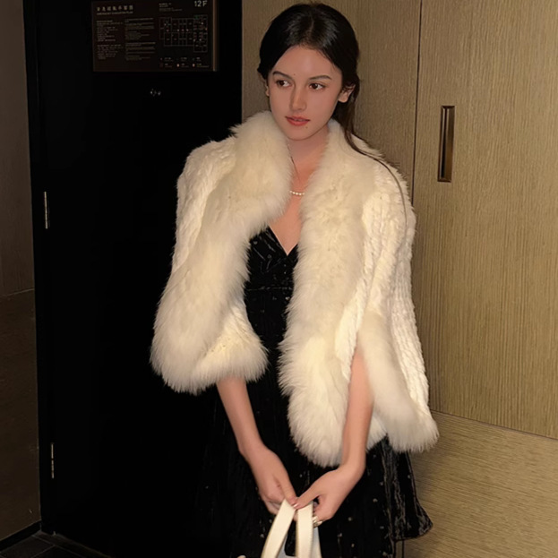 Rabbit Fur Woven Cloak Women's Top Coat Fox Fur Collar Shawl Elegant Autumn and Winter Warm Short Bat Shirt