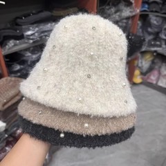 重工珍珠水钻毛绒显瘦减龄水桶帽子女秋冬保暖个性休闲渔夫帽盆帽