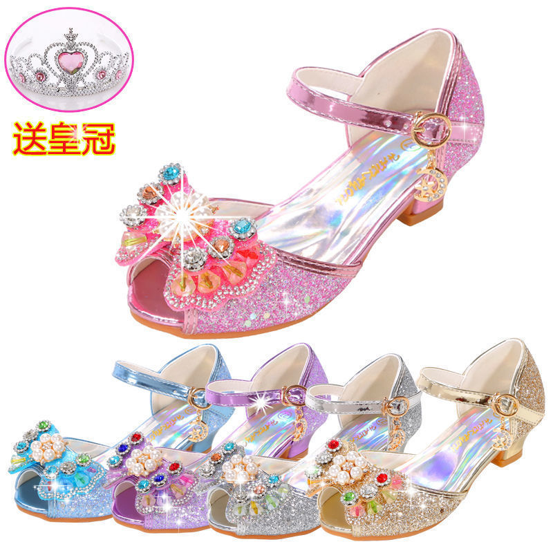 2021 Girls High Heel Sandals Frozen Princess Crystal Bow Fish Mouth Sandals Girls Student Performance Shoes