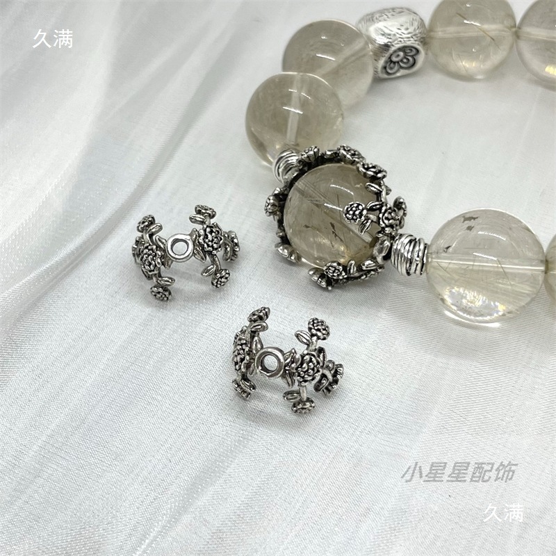 水晶配饰复古合金仿银做旧工艺古典开口戒指树叶流苏提溜配件|undefined