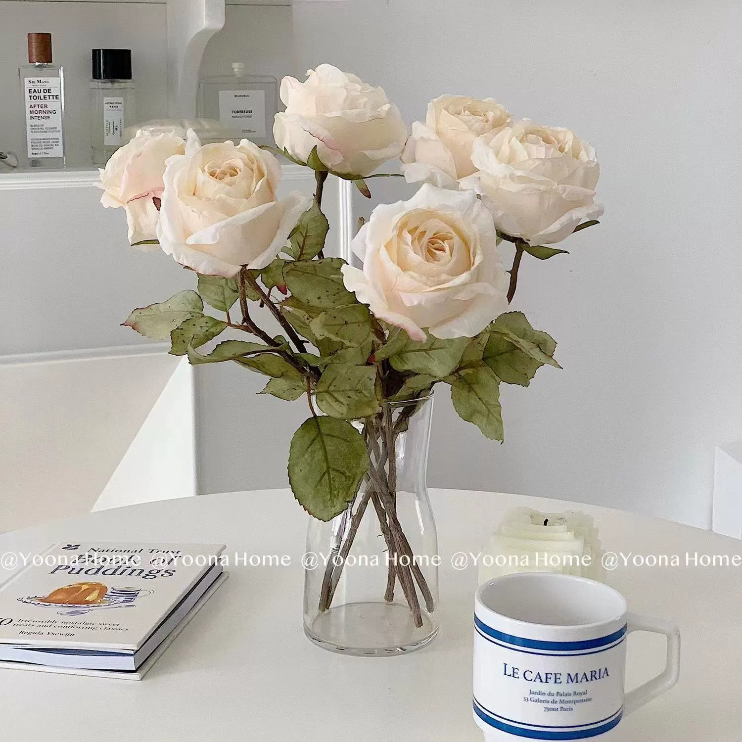 [ vintage rubber edge rose artificial flower high living room dining table decor fake flower TV cabinet display photo prop ]
