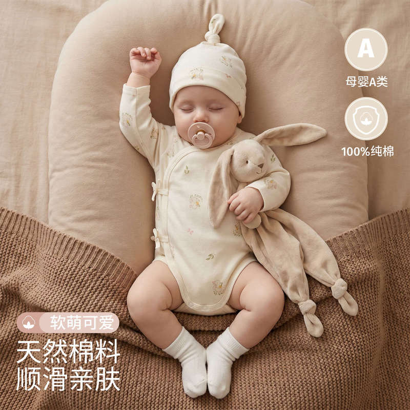 Newborn Baby Romper Spring and Autumn Double-Layer Belly-Protecting One-Piece Sleepwear Newborn Baby Triangle Bodysuit Base Layer Underwear