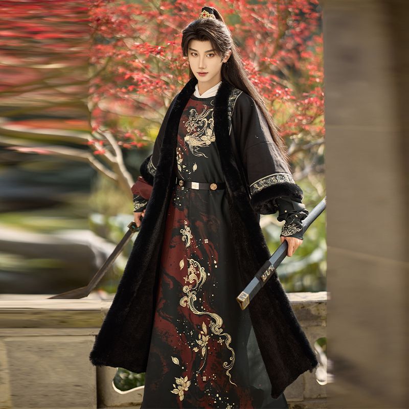 Original Hanfu Men's 2024 New Winter fleece-lined Warm Coat Cloak Tang Style Round Neck Robe for Men and Women's Daily Ancient Coat