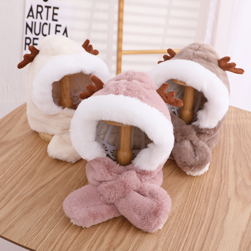 鹿角兒童帽子圍巾保暖二件套冬天加厚男童女童一體冬季保暖防風帽