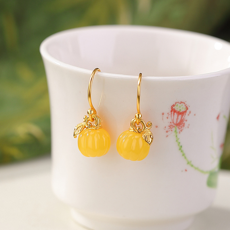 Bông tai bạc S925 mạ vàng hình bí ngô hạt dễ thương thiết kế 3D sáng tạo — Mẫu bạc