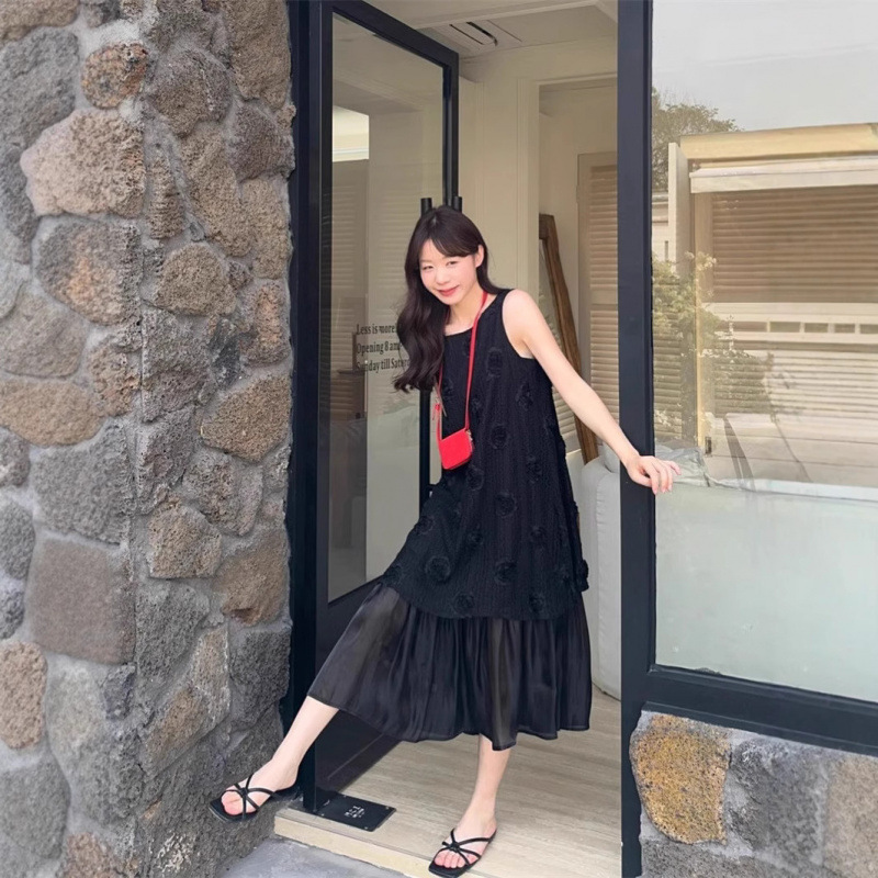 大码夏季法式复古温柔风假两件百褶无袖背心连衣裙女气质长裙|undefined