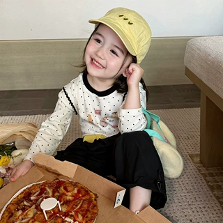 女童长袖T恤秋季2026新款儿童米白色波点上衣女宝绝美卡通打底衫
