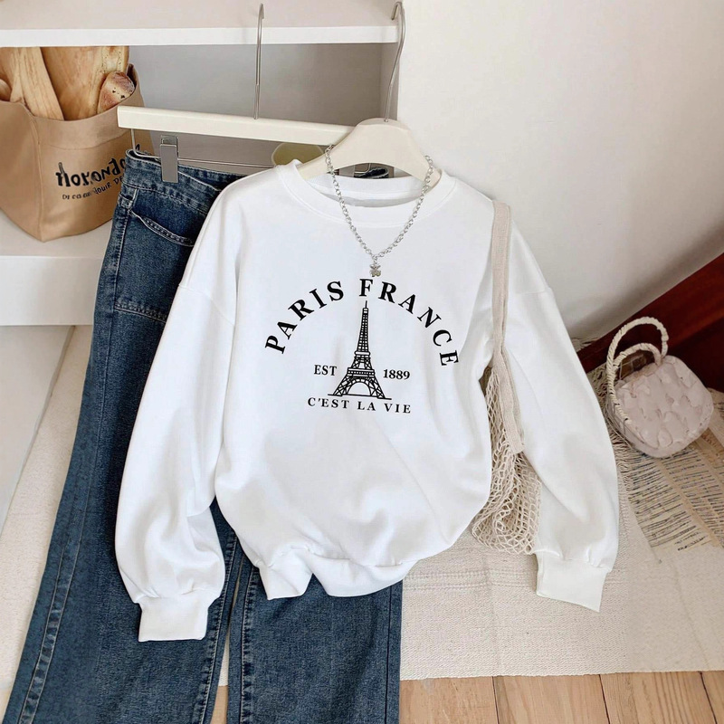European and American Autumn and Winter Cross-Border New Loose Eiffel Tower Printed Sweatshirt Women's Lazy Style Round Neck Pullover Top