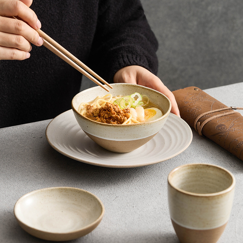 Stoneware Tableware Set for One Person, Hand-Pulled Threaded Rice Bowl, Household Soup Bowl, Plate, Hotel Bowl Set, Four-Piece Set