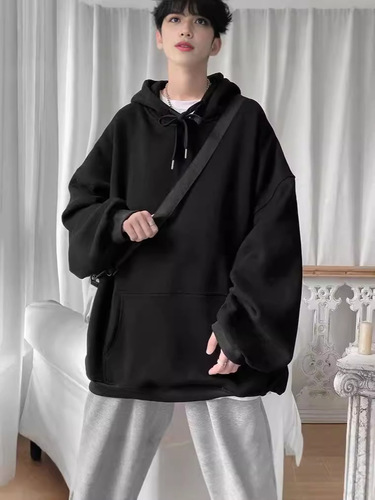 Hooded thick hoodie with velvet fashion brand hoodie autumn and winter all-matching solid color loose trend ins top coat Hong Kong style