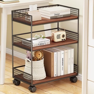 Simple Bookshelf Home Bedroom Table Side Movable Book Storage Rack Living Room Decoration Magazine Display Cabinet with Wheels