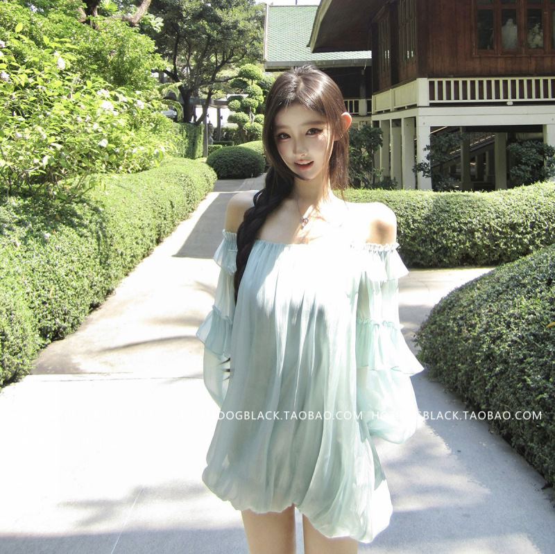 Korean-Style Fresh and Youthful Sweet Girl Off-Shoulder Dress with Summer Sheer Fabric and Elegant Ruffled Floral Short Skirt