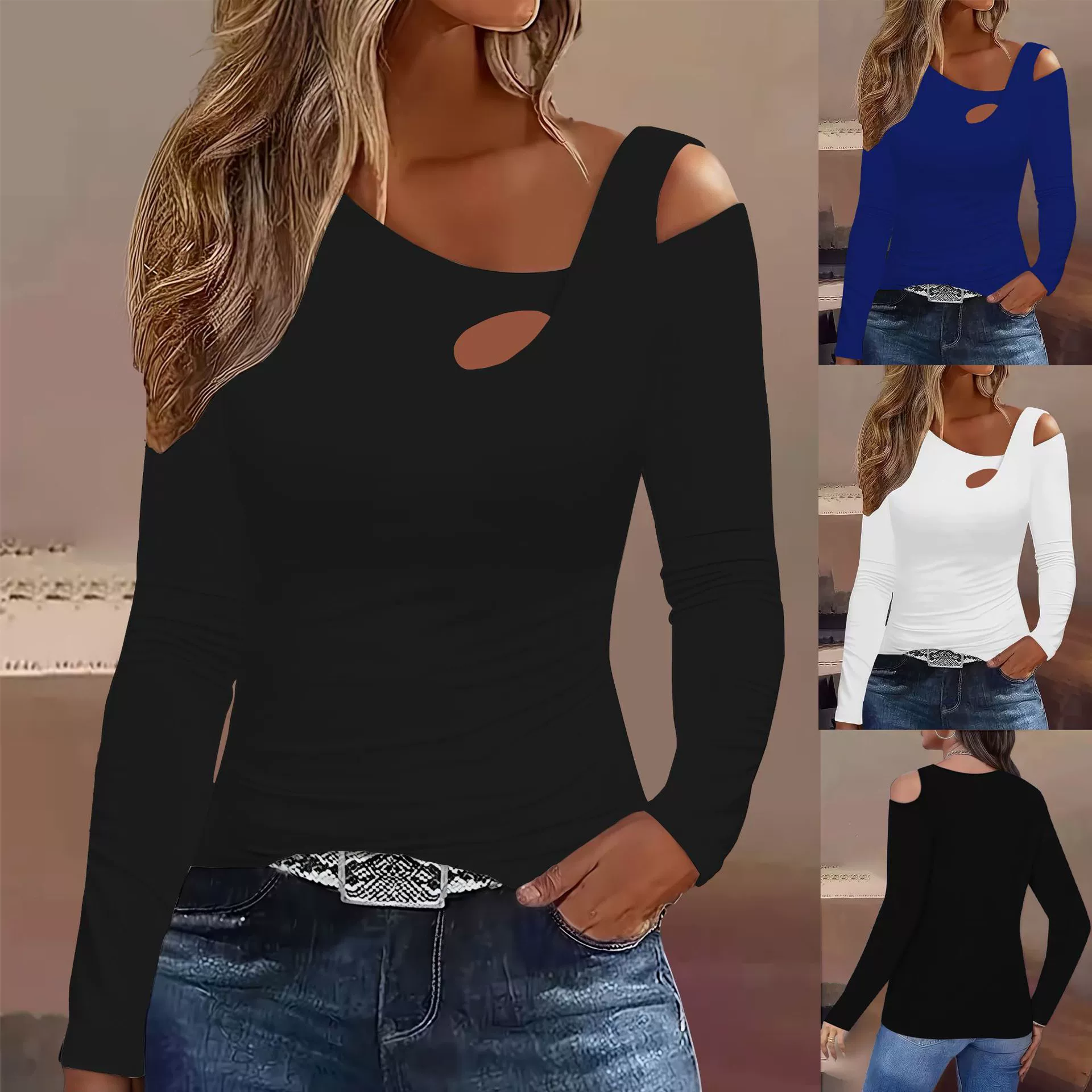 Женская футболка 2025 года, асимметричный воротник, без плеч, однотонная, для экспорта через Amazon и AliExpress.