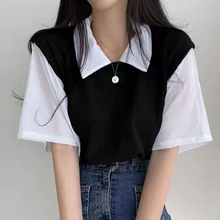 2025夏季学院风撞色polo翻领假两件短袖T恤女宽松休闲百搭上衣女