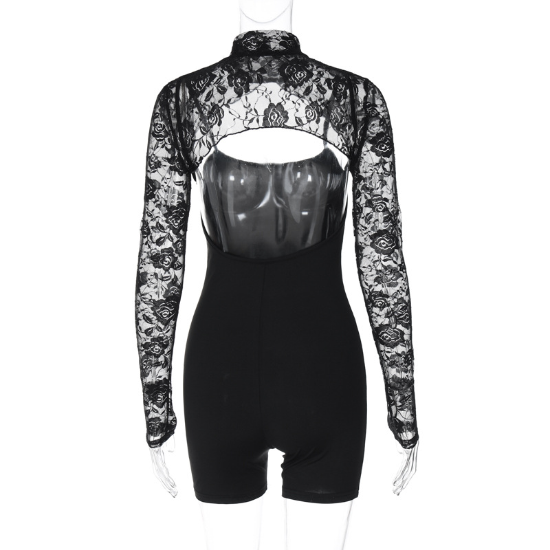 Women Clothing Spring Sexy Slim Strap Jumpsuit Lace Cappa Set