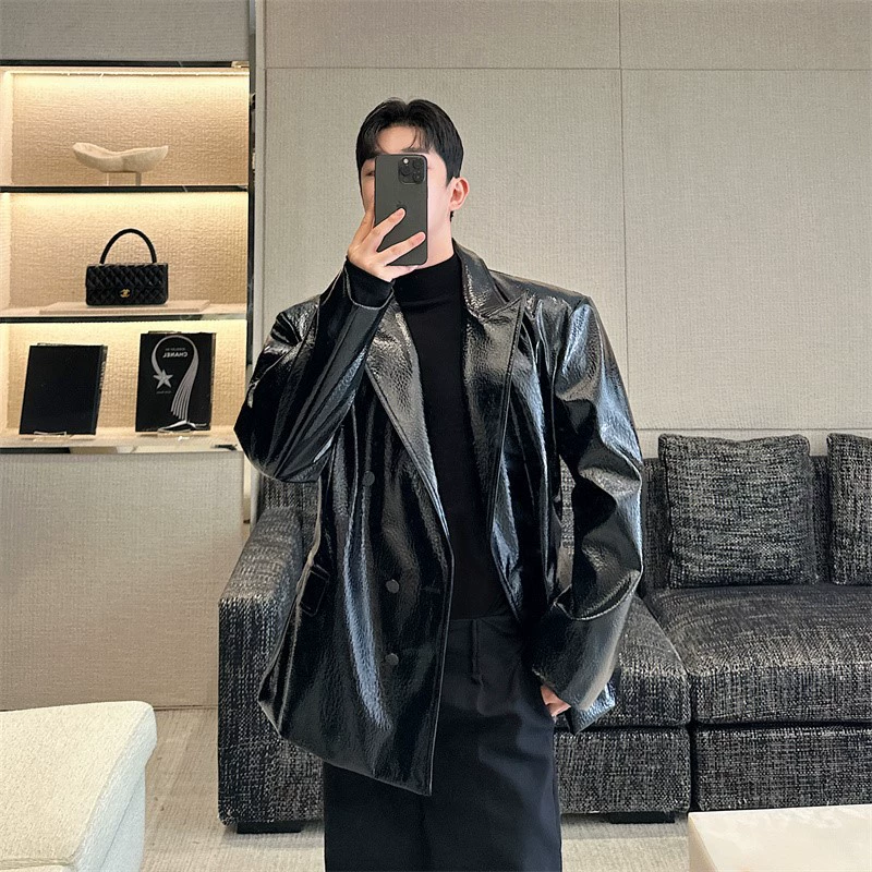 Retro glossy polyurethane suit, jacket, trench coat