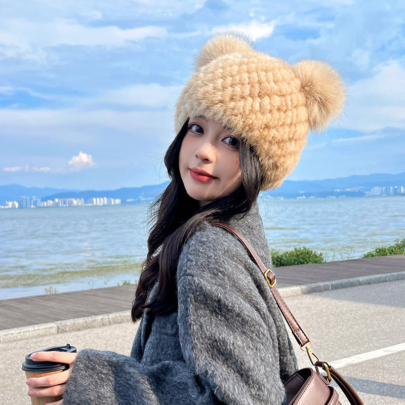 캐주얼 귀여운 밍크 모피 땋은 모피 모자 겨울 따뜻한 여우 모피 볼 볼 귀 보호 부모-자식 리얼 모피 모자