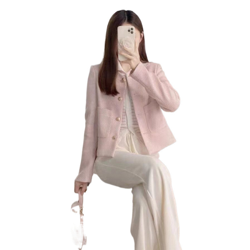 香風ピンクの少女コート気質の薄い上着高級春秋ショートタイプ2025新型洋気丸襟外着|undefined