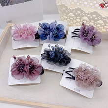 新款发饰批发女款简约雪纺双花朵缀水晶气质三齿夹发夹盘发鲨鱼夹