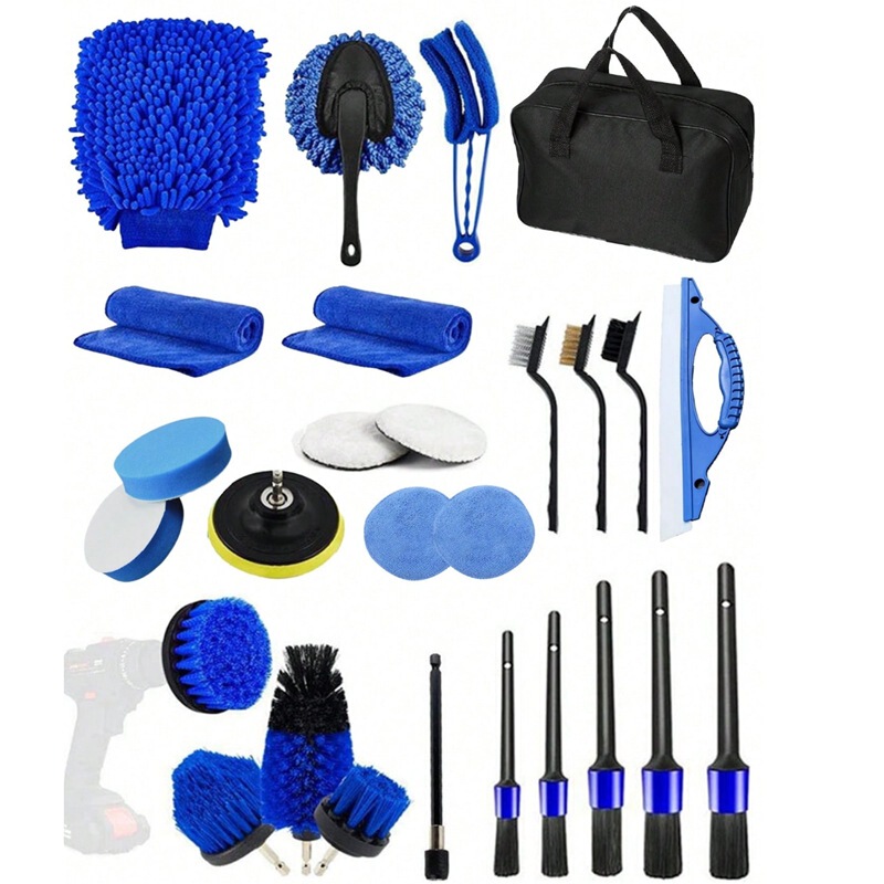 Cross-Border Hot Selling Car Wash Cleaning Brush Set 26-Piece Car Interior Cleaning Electric Drill Brush Head Detail Brush Set