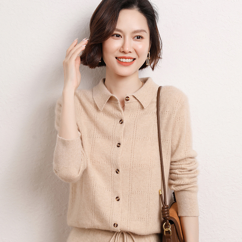 2023 Spring and Autumn New polo collar cashmere cardigan women's long sleeve solid color loose knitted shirt sweater coat top 2023 Spring and Autumn New polo collar cashmere cardigan women's long sleeve solid color loose knitted shirt sweater coat top