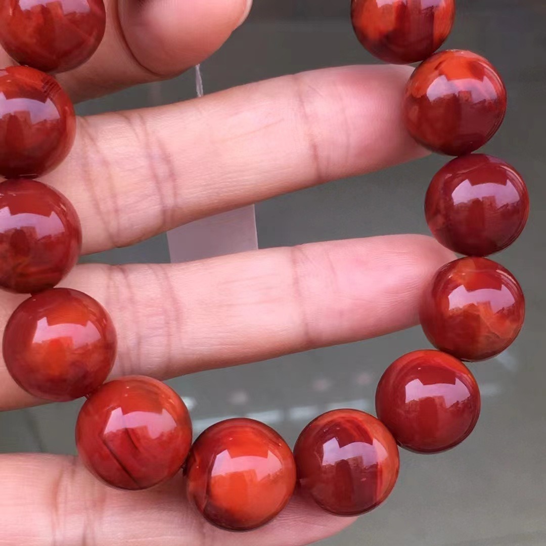 天然极品收藏品南红圆珠手串瓦西料南红手串火烈纹满色满肉批发