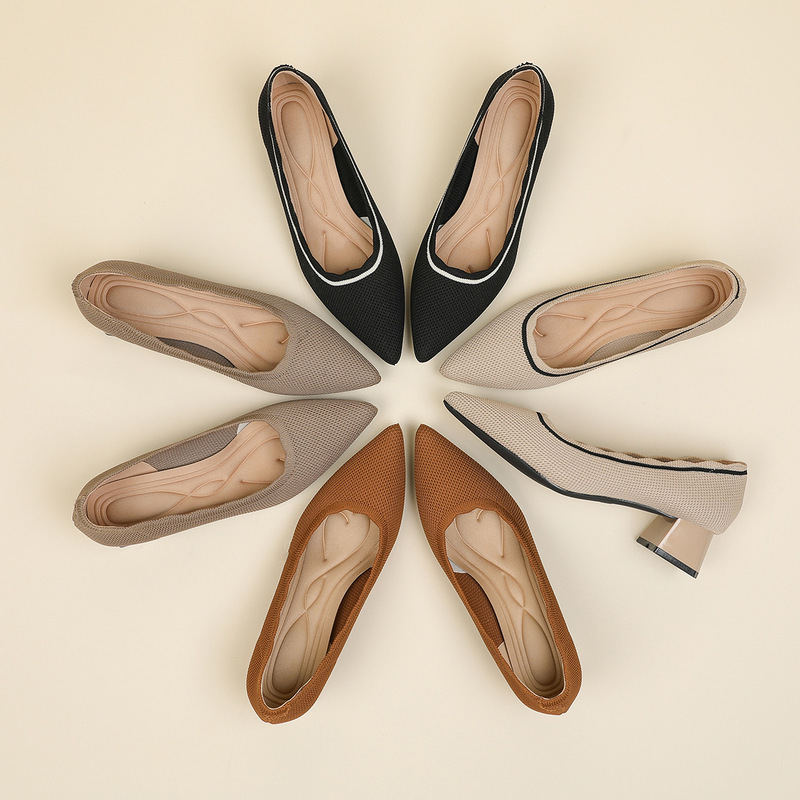Spring and Summer Versatile Knitted Shallow-Heeled Shoes, Breathable Princess-Style Pointed-Toe Work Shoes, Multi-Color Options for Office Women's Shoes