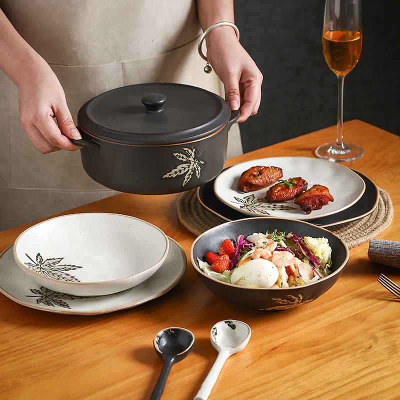 Retro Stoneware Tableware and Dishes Set, High-Looking Household Japanese-Style Bowls and Plates, Accessible Luxury Rice Bowls, Dinner Plates, Large Soup Bowls