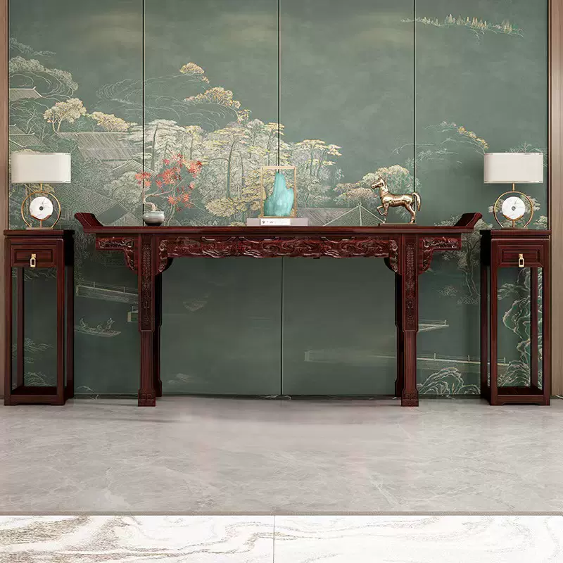 新中式老榆木条案实木供桌堂屋神台八仙桌长条桌家用中套六件套