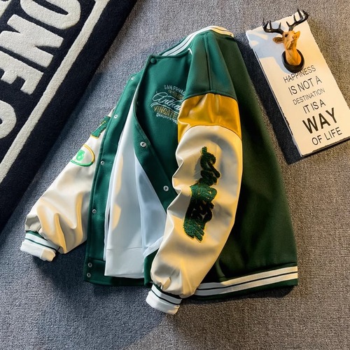 Autumn/Winter Color-blocking American Embroidery Leather Sleeve Jacket for Men, Korean Style Fashion Baseball Jacket, Fall Outfit Casual Student Jacket
