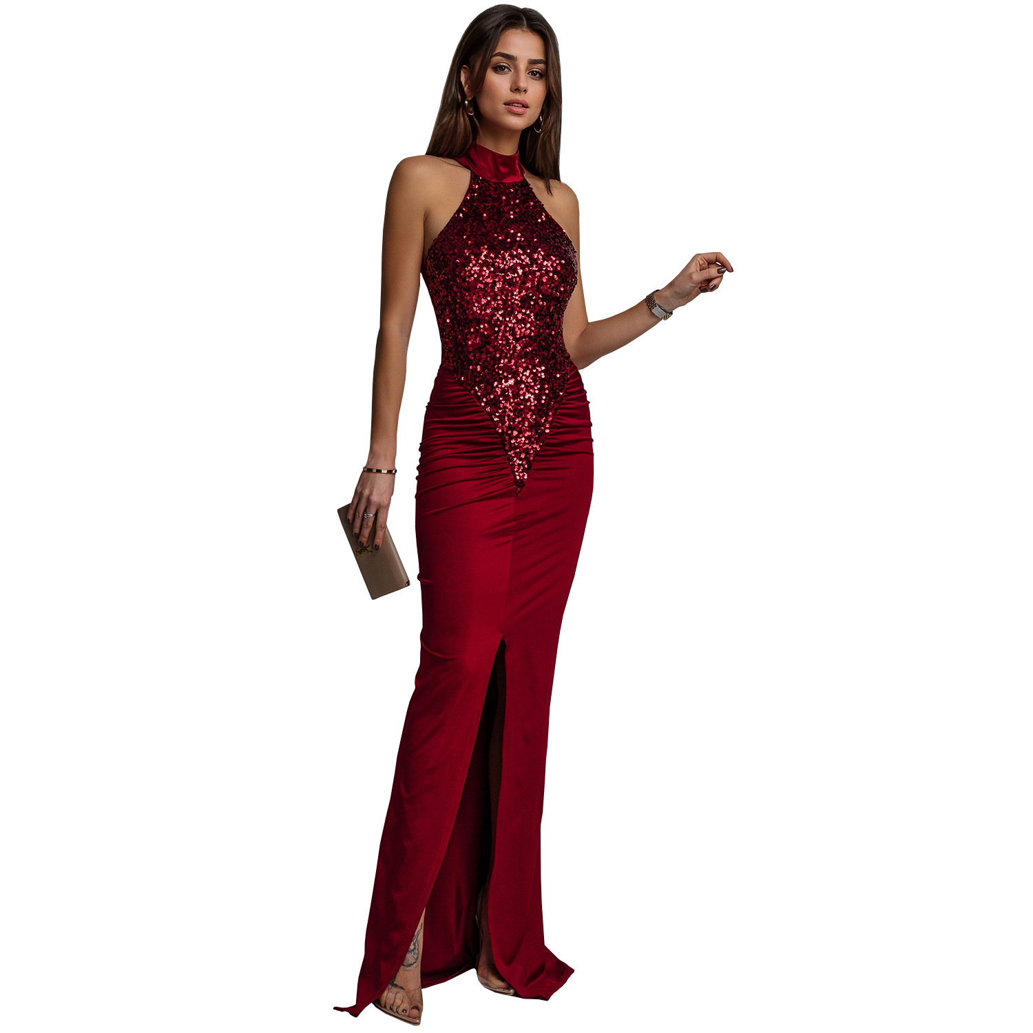 C7602 cross-border AliExpress Amazon Europa y América moda mujer sexy delgada cuentas de terciopelo vestido bifurcado